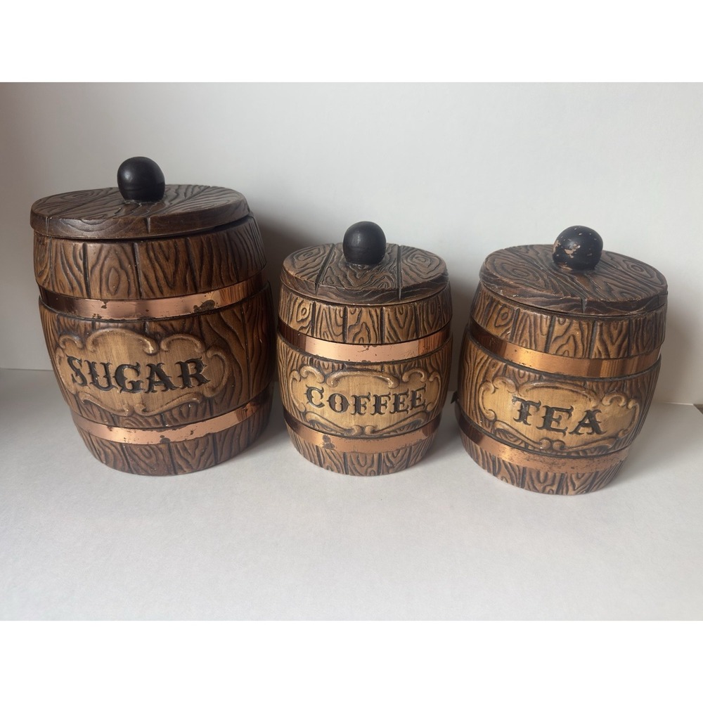 1960's Set of 3 MCM Treasure Craft Ceramic Canister Barrel Flour Sugar Tea